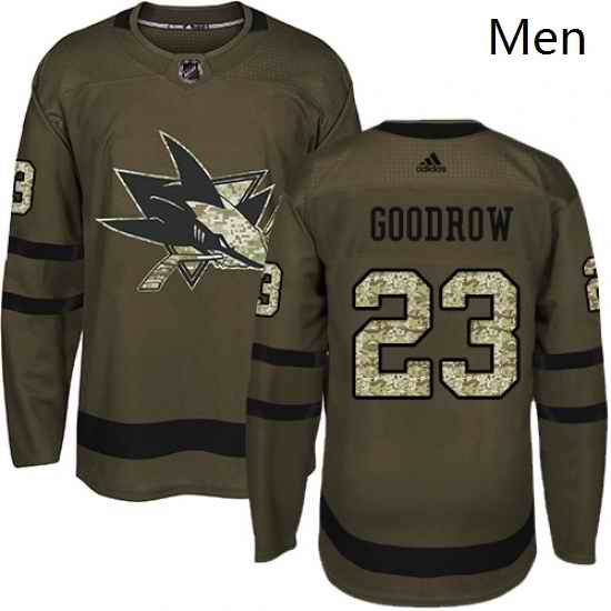 Mens Adidas San Jose Sharks 23 Barclay Goodrow Authentic Green Salute to Service NHL Jersey